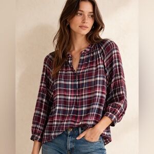 Joie Plaid Cotton Peasant Blouse S Red Navy Lightweight Boho Top